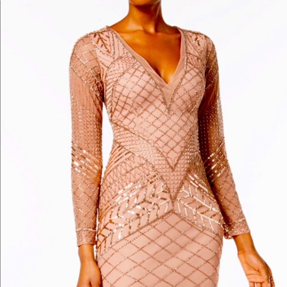 Adrianna-Papell beaded long sleeves V-Neck long evening Gown - Picture 7 of 9